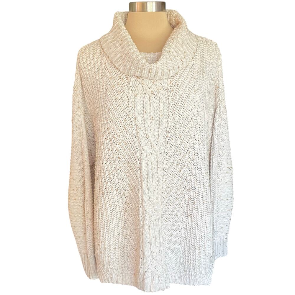 Lands' End Chunky Cable Knit Turtleneck Sweater Tunic Size M Marled‎ Cream Color
